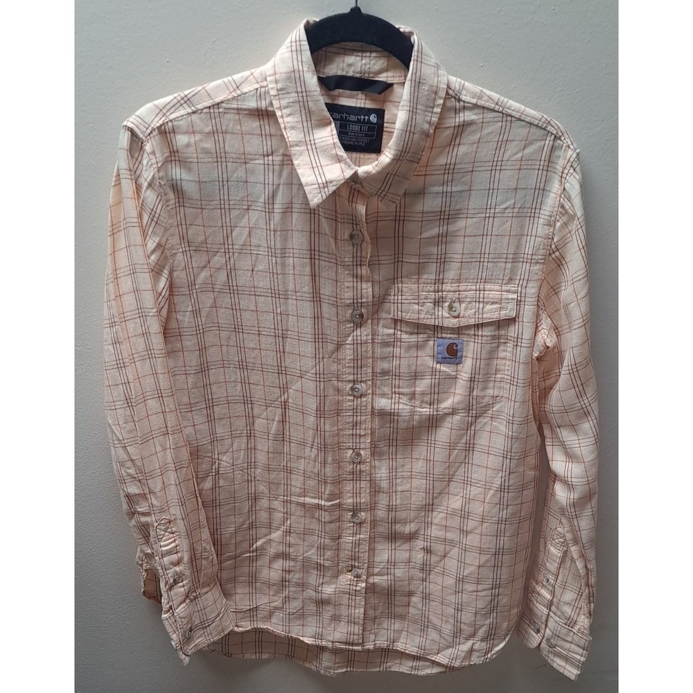 Carhartt Womens Loose Fit Plaid Button Up Shirt Peach Cream XS 0-2 Long Sleeve